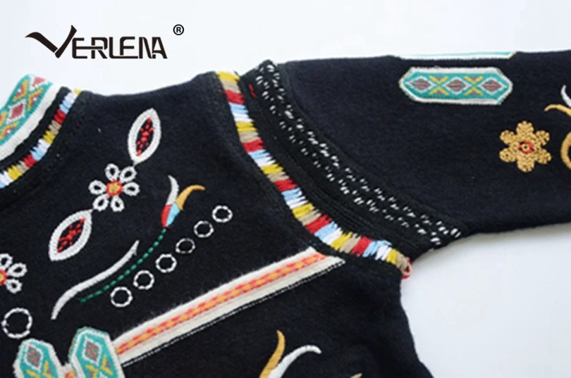 Verlena/свитер с вышивкой; Женская винтажная кисточка; длинный рукав; круглый вырез; черный джемпер; пуловер