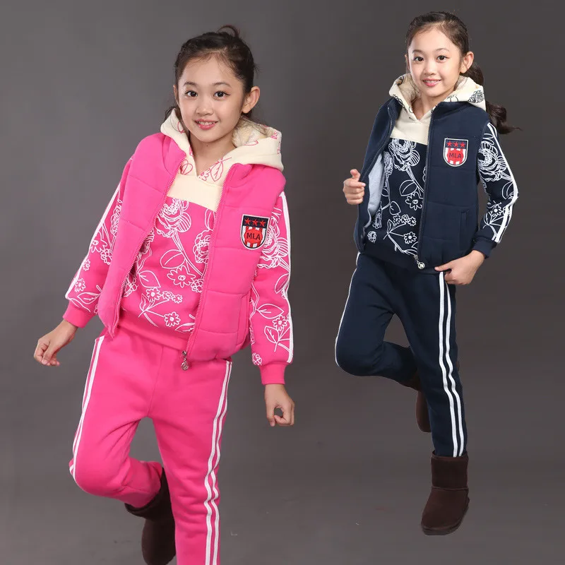 

Vest Hoodies Trousers Sets Warm Girl Three-piece Suit Children Clothing Fashion Winter Kids Clothes Print Toddler Tracksuit