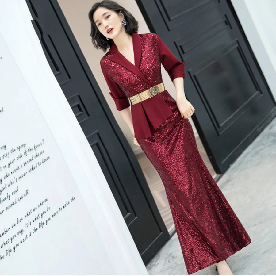 It's Yiiya Evening Dress Ruched V-Neck Plus Size Three Quarter Sleeve Dress Woman Party Mermaid Sequined Robe De Soiree K036