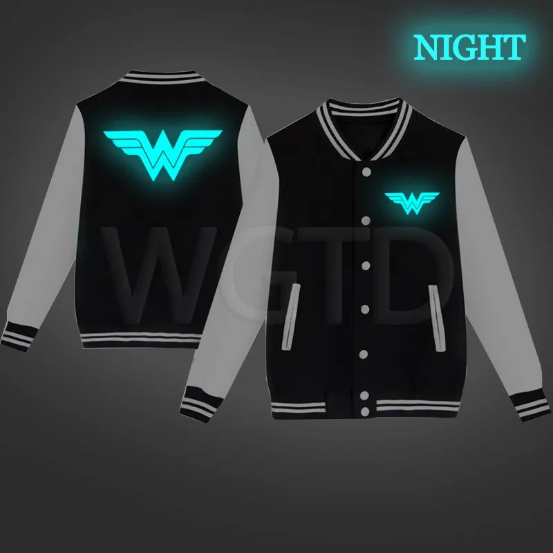 

Wonder Woman Luminous Baseball Jacket Women Men Casual Sweatshirt Autumn Winter Fleece Warm Jackets Hip Hop Streetwear Coat