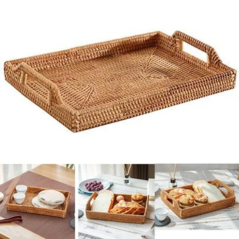 

Rattan Storage Basket Snack Bread Basket Square Woven Basket Living Room Tabletop Tea Ceremony Accessory Tray