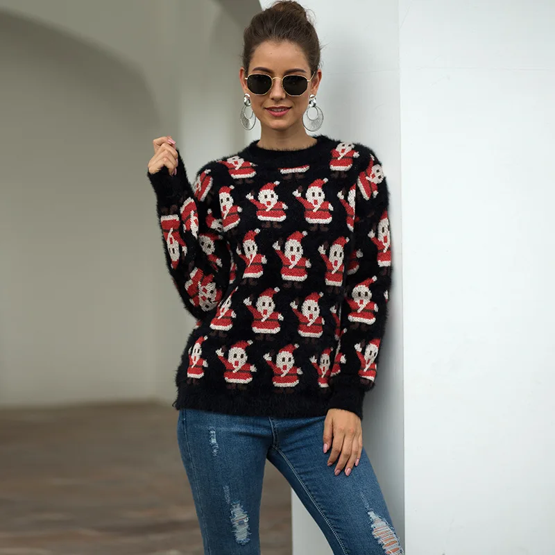 Зима, Рождественский свитер для девушек, Женский Рождественский пуловер, пуловер, свитер, Женский вязаный свитер Санты, женские толстые теплые свитера - Цвет: Черный