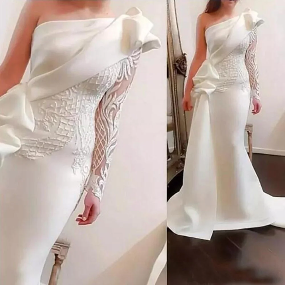 

One Shoulder Mermaid Long Party Prom Dresses 2020 Long Sleeves Satin Ruched Ruffles Applique Sweep Train Formal Evening
