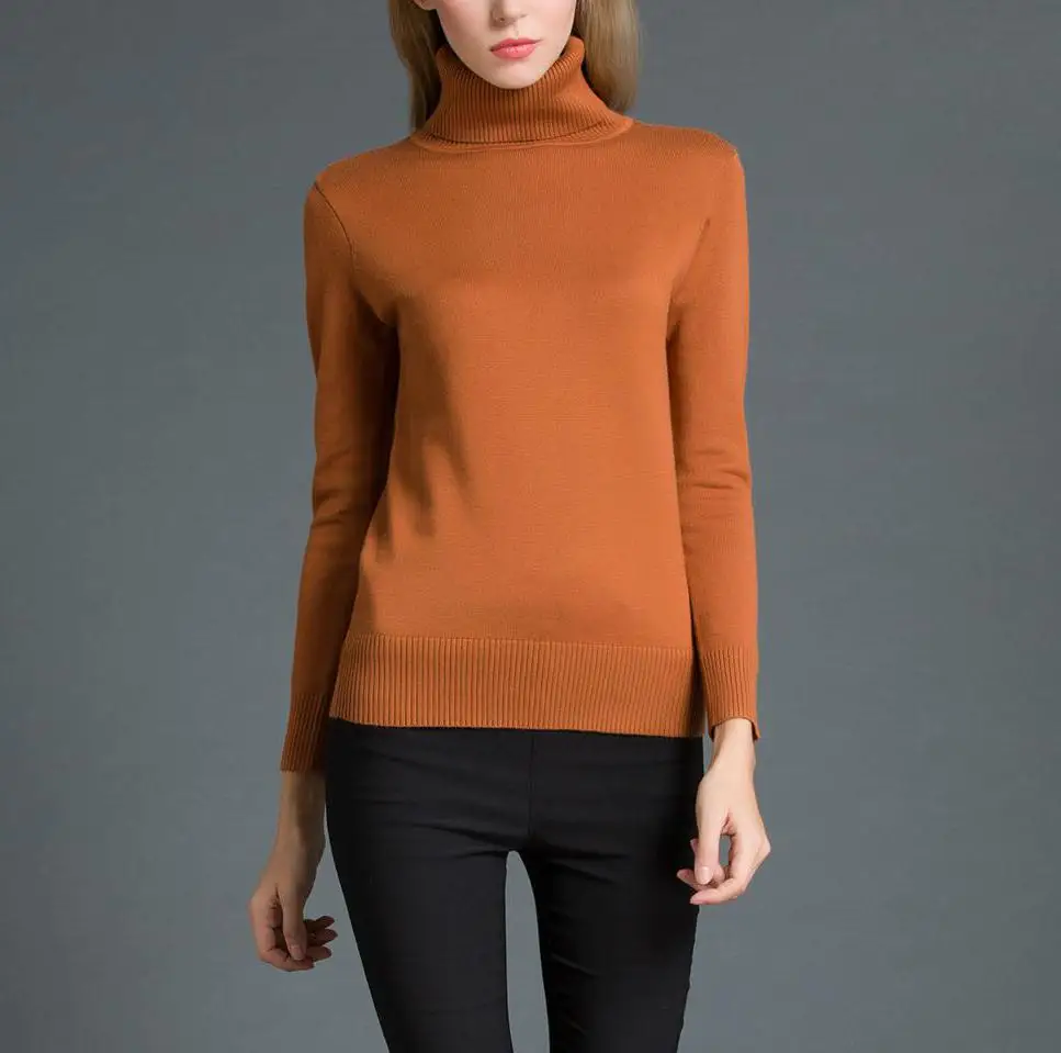 

Turtleneck Knitted Sweater Women 2019 Autumn Winter Office Lady Solid White Slim Soft Pullover Black Top Orange Pink Knit Tops