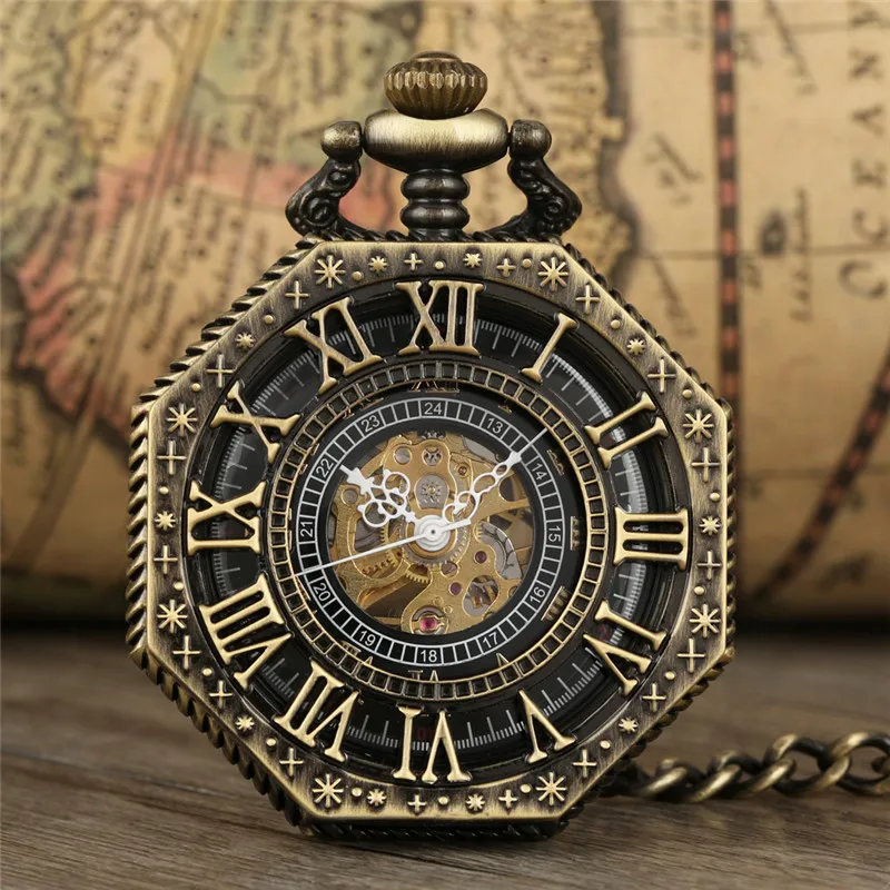 Bronze Hollow Octagon Design Men Women Skeleton Handwinding Mechanical Pocket Watches Roman Number Clock Pendant Chain Gift