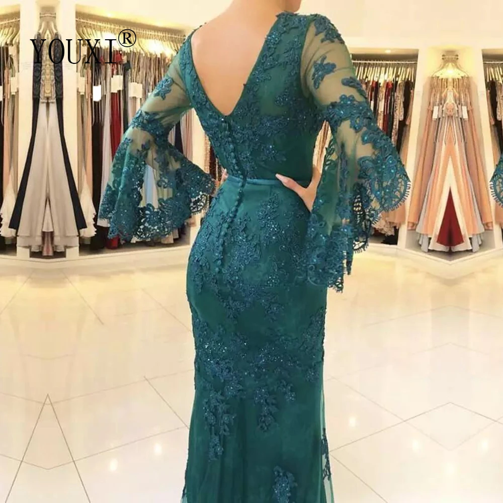 evening gowns with sleeves Gorgeous Mermaid Evening Dresses Long Sleeve Elegant V- Neck Lace Appliqued Beaded vestidos de fiesta de noche sexy ball gowns Evening Dresses