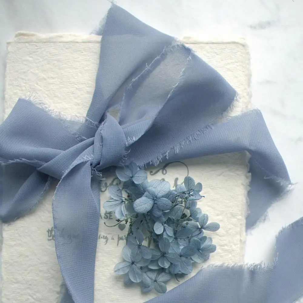 Set Di 3 Nastri In Chiffon Sfilacciato Fatto A Mano - Tonalità Dusty Blue, Slate Blue, Dark Blue - Larghezza 2,5 Cm, Lunghezza Totale 20,9 M