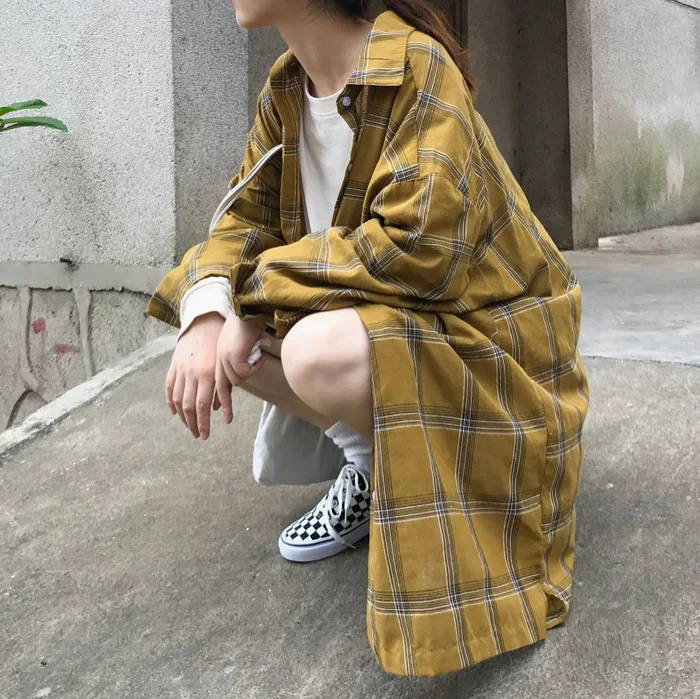 

2020 Spring And Summer New Korean Version Of Chic Lattice BF Wind Loose Mid-length Long-sleeved Shirt Fashion Casual Jacket Coat