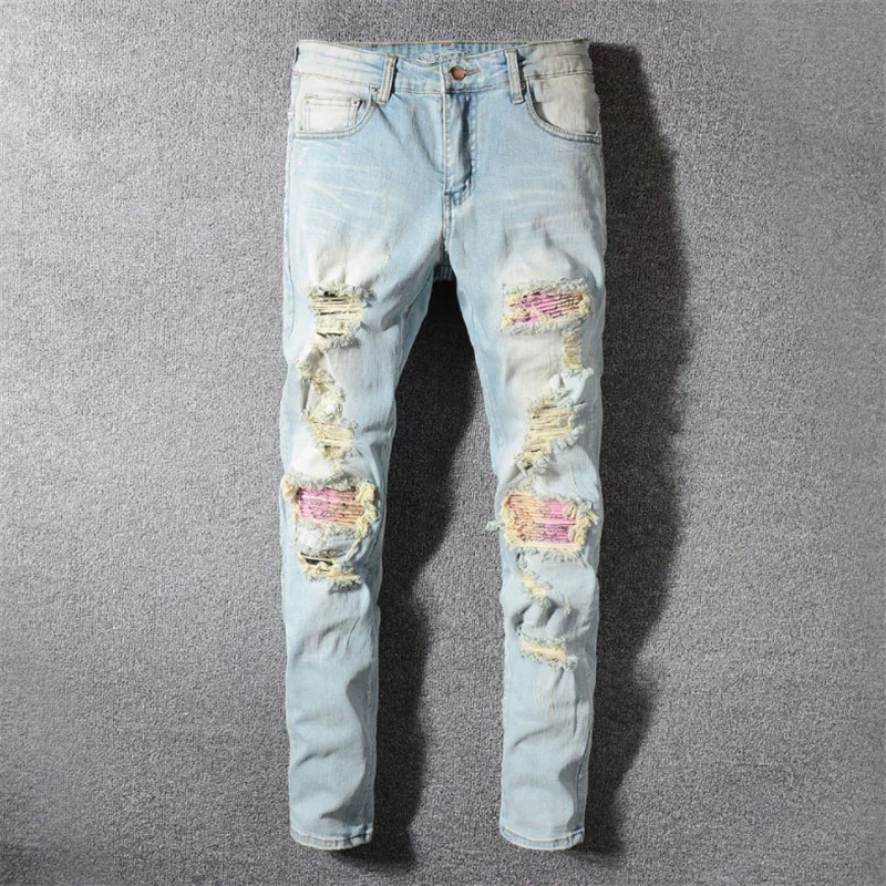 

Italy Style Men's Distressed Destroyed Pants Colored Print Ribbed Patches Skinny Blue Jeans Slim Trousers Size 28-40 #589