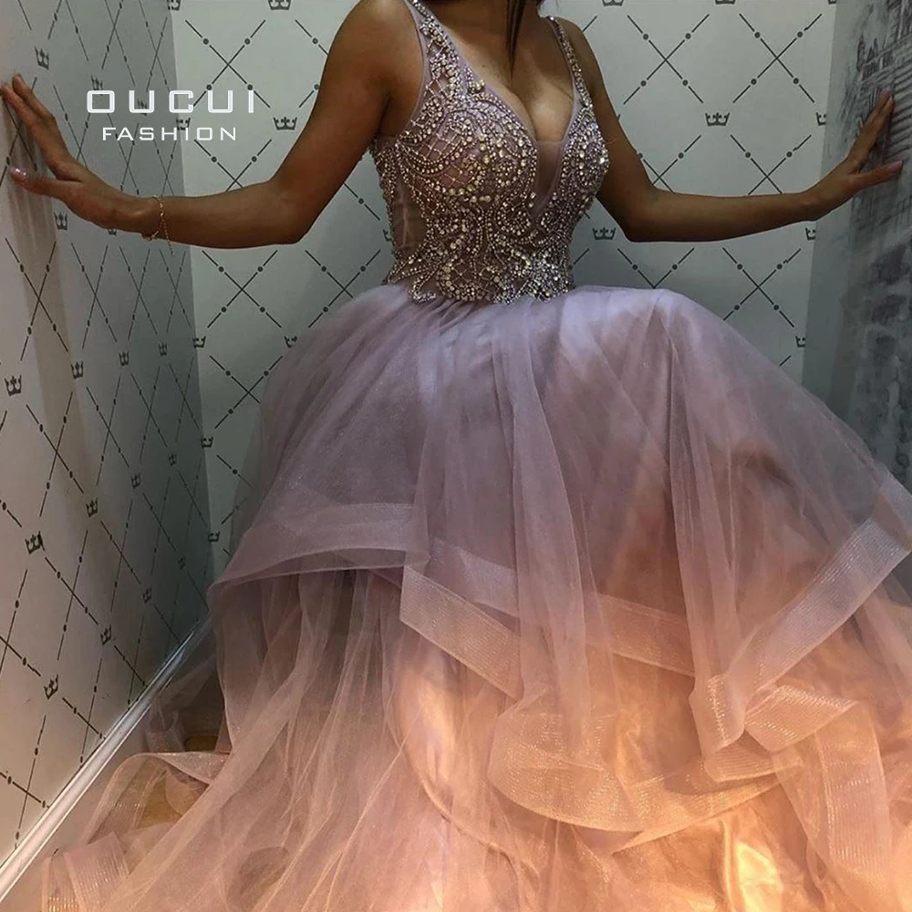 

Oucui V-neck Tiered Tulle Prom Dress 2020 Long Sleeveless Plug Size Beading gown Crystals Formal Evening Robe De Soiree OL103622