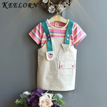 

Keelorn Girls Clothing Sets 2020 New Brand Girl Striped Clothes Kids Fashion Clothing Sets T-Shirt + Strap Dress 2Pcs Suits