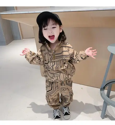 Autumn Children Sports Clothing Sets Boys Girls Printed Sweater Pants 2pcs Outfits Kids Casual Pockets Tracksuit Clothes