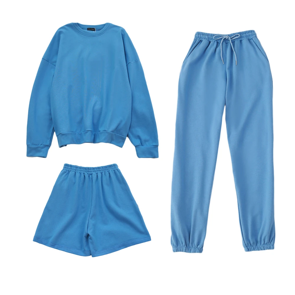 별도 판매 Womens Tracksuits 3 Piece Oversized Sweatshirt Sweatpant Sporting Shorts 땀 3 피스 복장 솔리드 컬러 세트