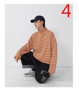 

2019 autumn and winter new Korean long-sleeved T-shirt men's plus velvet striped bottoming shirt men 6984