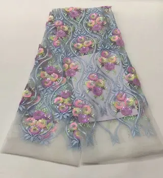 

2020 High Quality African Lace Fabric with 3D Sequins nigerian Embroidery Tulle Lace Fabric For Nigerian Wedding Party Dress