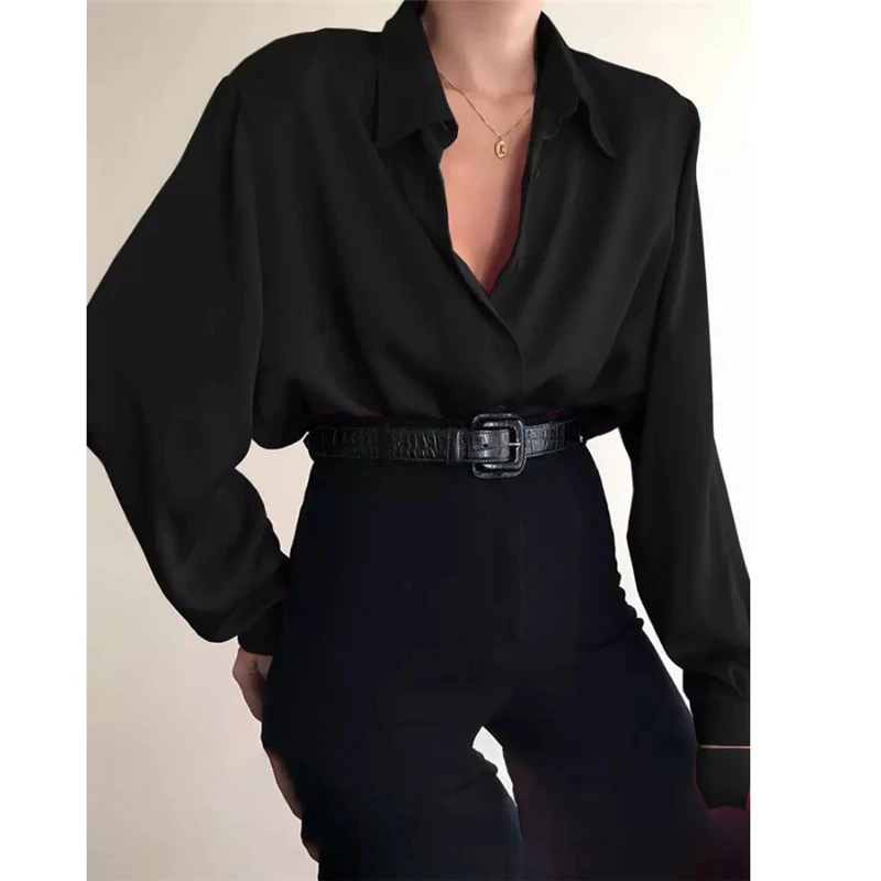 satin shirts for women New Fashion Autumn Women Blouse Shirt Lapel Long Sleeve Solid Black Red Ladies Blouse For Women Female Top Clothing black long sleeve top