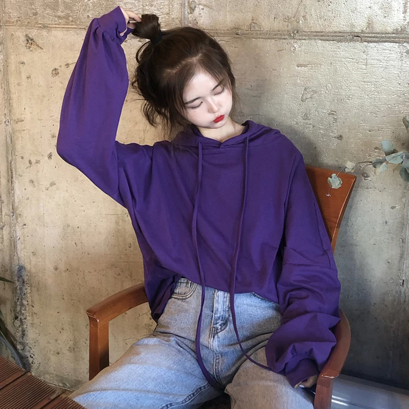 

9 Colors Mihoshop Ulzzang Korean Korea Women Fashion Clothing Purple Hooded Casual Loose Harajuku Basic T shirt