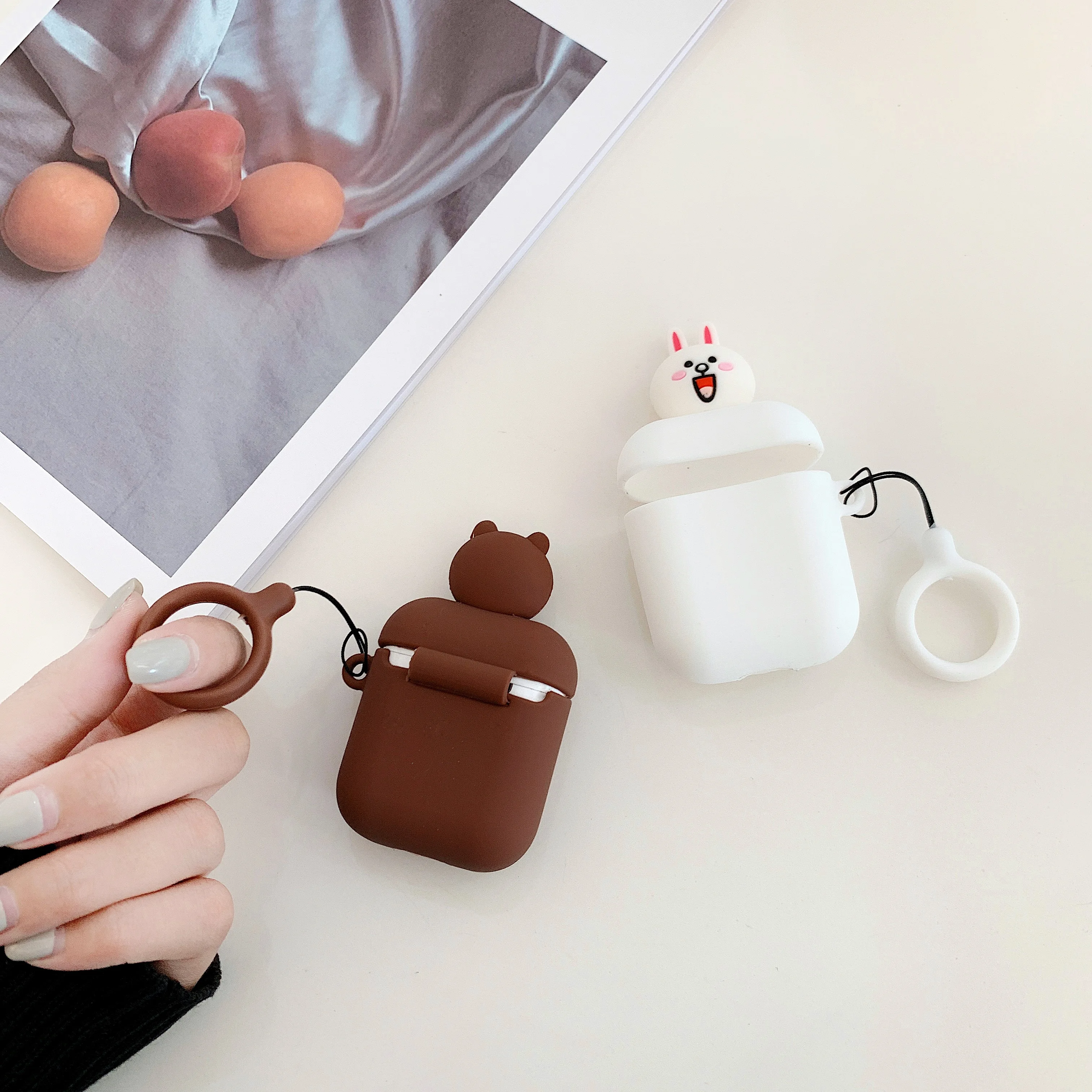 Чехол для Apple Airpods 3D с милой мультяшной головой медведя кролика льва кота собаки щенка для Airpods 2 Peach Беспроводные Наушники Earpods