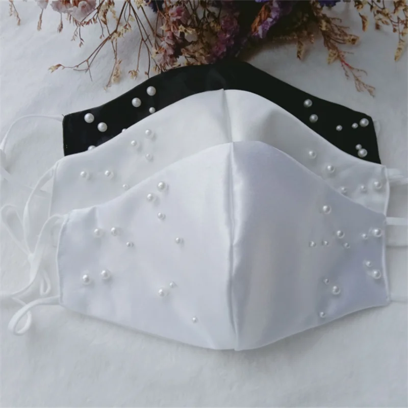 Premium Quality Satin Pearl Mask Wedding Mask Bride or Groom Fabric Face Masks Just Married Bridal Satin Wedding Gift