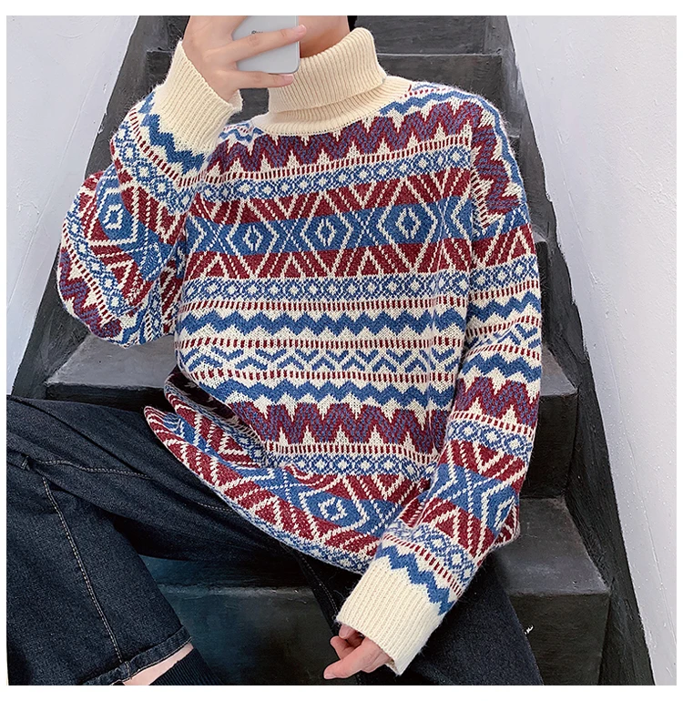 Liketkit, мужские зимние свитера,, Мужская водолазка, толстые, свободные, пуловеры, мужские, цветные, вязаные, узор, корейский стиль, уличная одежда