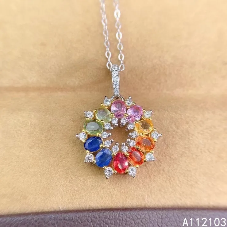 

KJJEAXCMY fine jewelry 925 Sterling Silver inlaid Natural color sapphire Girl elegant rainbow color GEM PENDANT support test