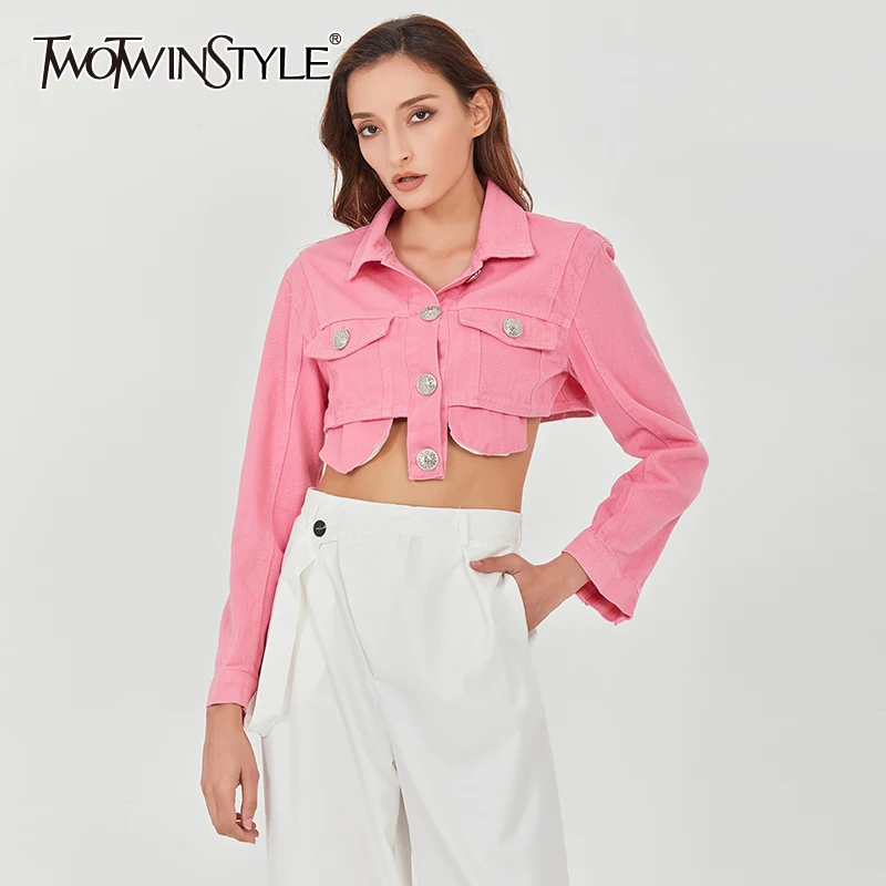TWOTWINSTYLE Denim Patchwork Tassel Short Tops For Women Lapel Long Sleeve Streetwear Casual Jacket Female 2020 Fall Fashion New | Женская