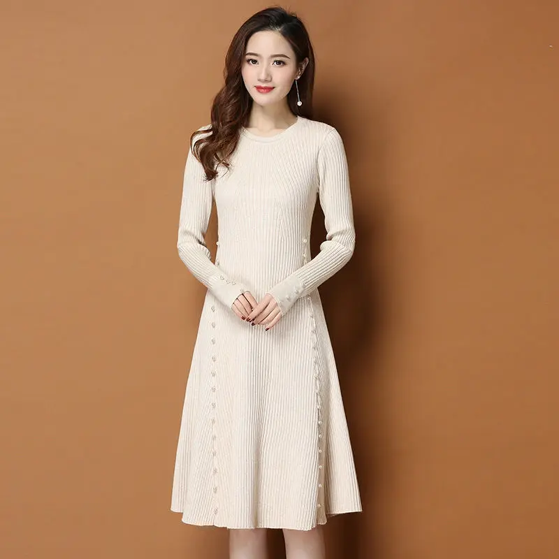 2019 осень зима женские трикотажные миди свитера платья Корейская Высокая талия