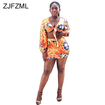 

Sexy Printed Two Piece Set Festival Clothing Women V-Neck Long Sleeve Tie Bow Crop Top + Mini Bandage Skirt Set Club Outfits