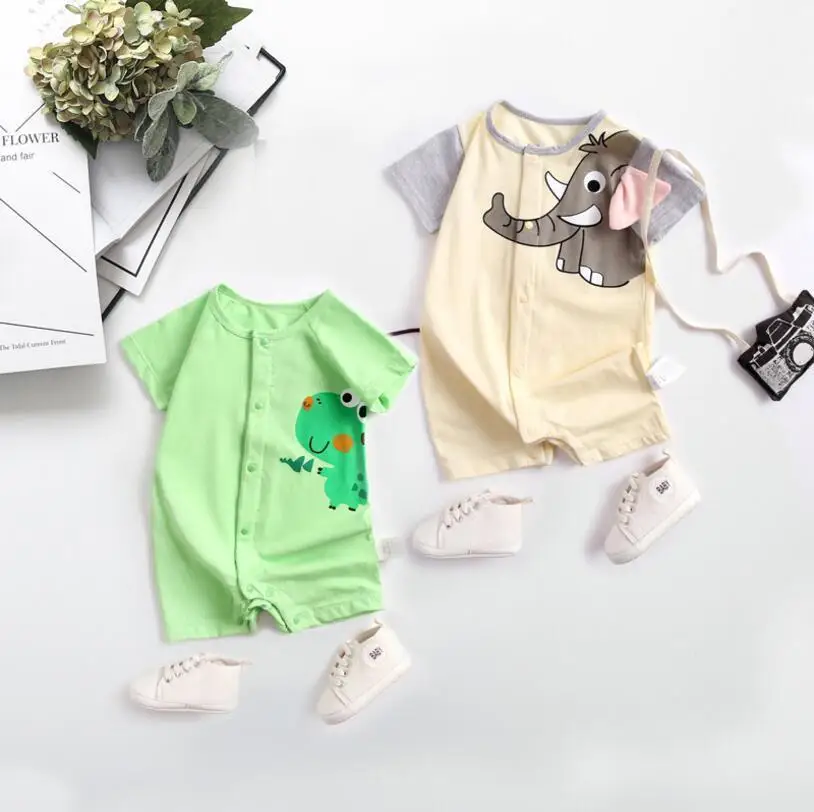 

Infants Summer Cartoon Elephant Printed Thin Onesie Short Sleeved Kazakhstan Crawling Clothes 0-1-Year-Old