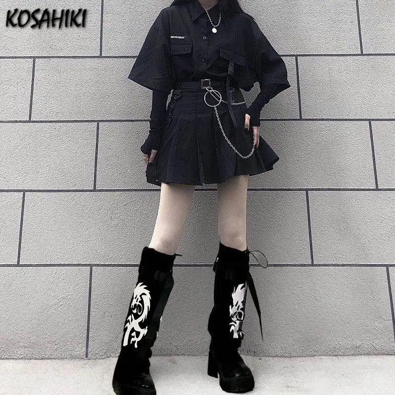 Kosahiki Punk Gothic Black Leg Warmer Y2k Girl Dragon Printed Leg