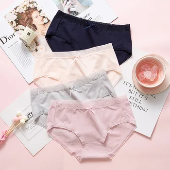 

Women's Cotton Panties Mid-Waist Elasticity Comfortable Solid Color Lace Bow Breathable Antibacterial Seamless Underwear Women's