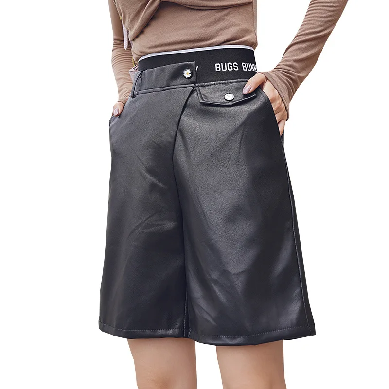 European Autumn Winter PU Leather Shorts Women 2020 New England Style High Waist Solid Black Letter Print Casual Half Shorts
