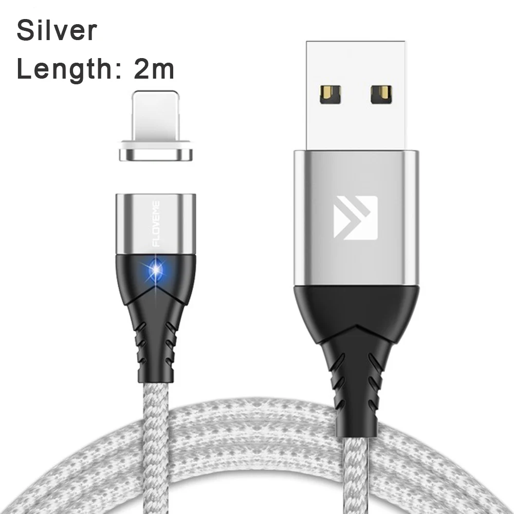FLOVEME 3A Магнитный Micro USB кабель type C для iPhone кабели 2 м светодиодный магнитный кабель для быстрой зарядки samsung кабель для зарядного устройства - Цвет: 2m Silver