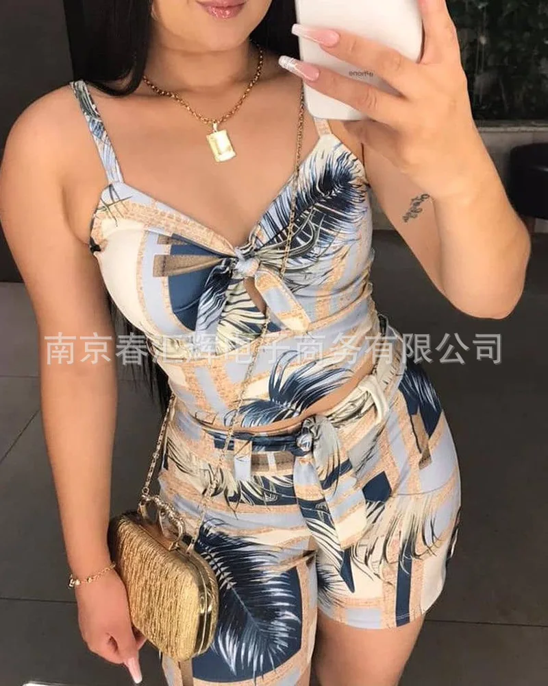 2021 new fashion ladies suspender top + shorts temperament commuter color printing casual suit-with belt co ord sets women Women's Sets