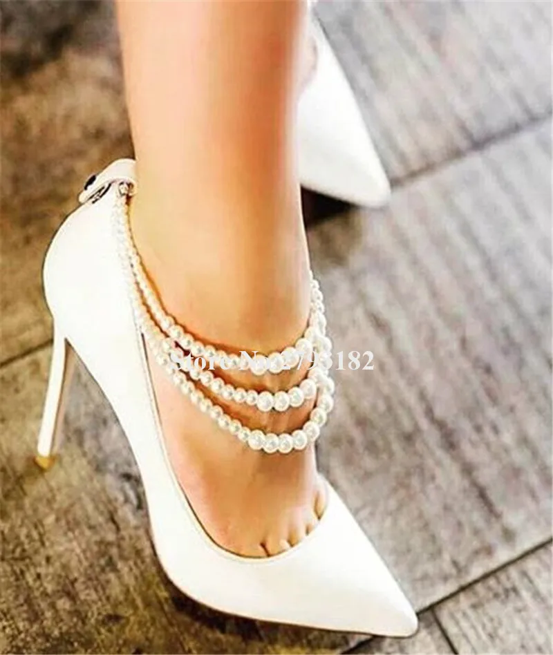 

Women Charming Pointed Toe Pearls Embellished Stiletto Heel Pumps Luxury Jewelry White Black Blue High Heels Big Size Shoes