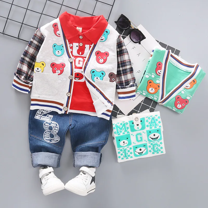 

2019 New Style Autumn Children Baby 28 Cardigan Bear Jeans Three-piece Set-Style Korean-style CHILDREN'S Denim Clothing