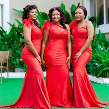 Sexy Girl 's Red One Shoulder Mermaid Bridesmaid Dresses Draped Sweep Train Garden Country African Wedding Guest Gowns