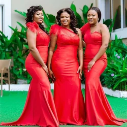 Sexy Girl 's Red One Shoulder Mermaid Bridesmaid Dresses Draped Sweep Train Garden Country African Wedding Guest Gowns