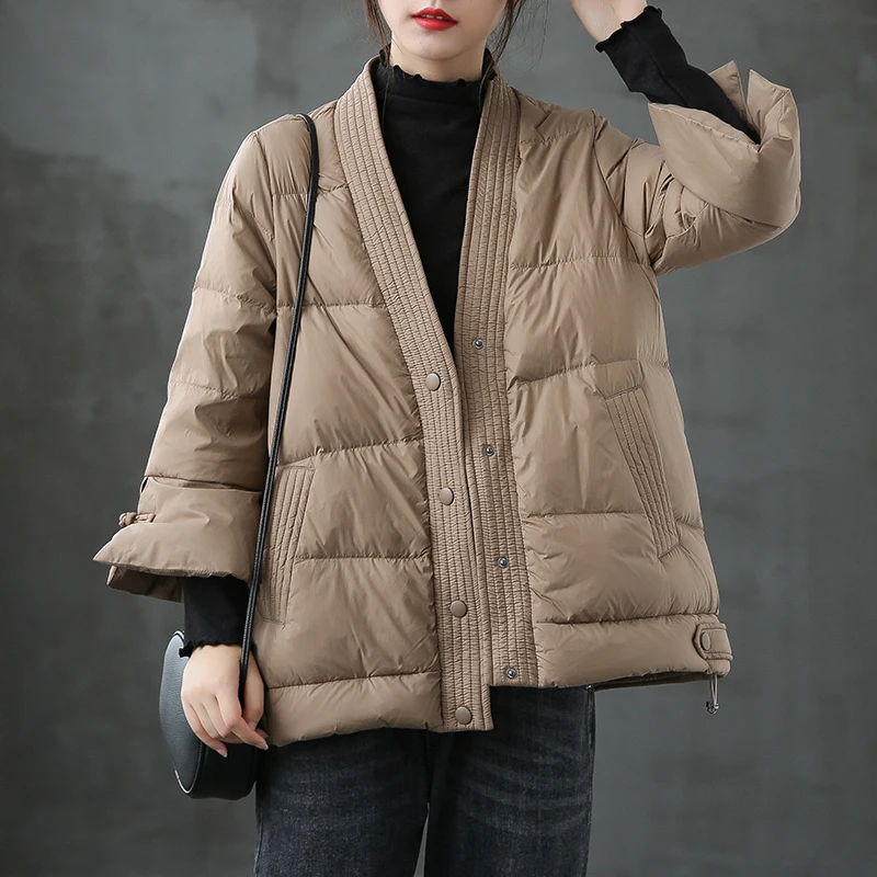 

Off-season Literary style down jacket women winter new style fashion slim flare sleeve light warm white duck down jacket F2354