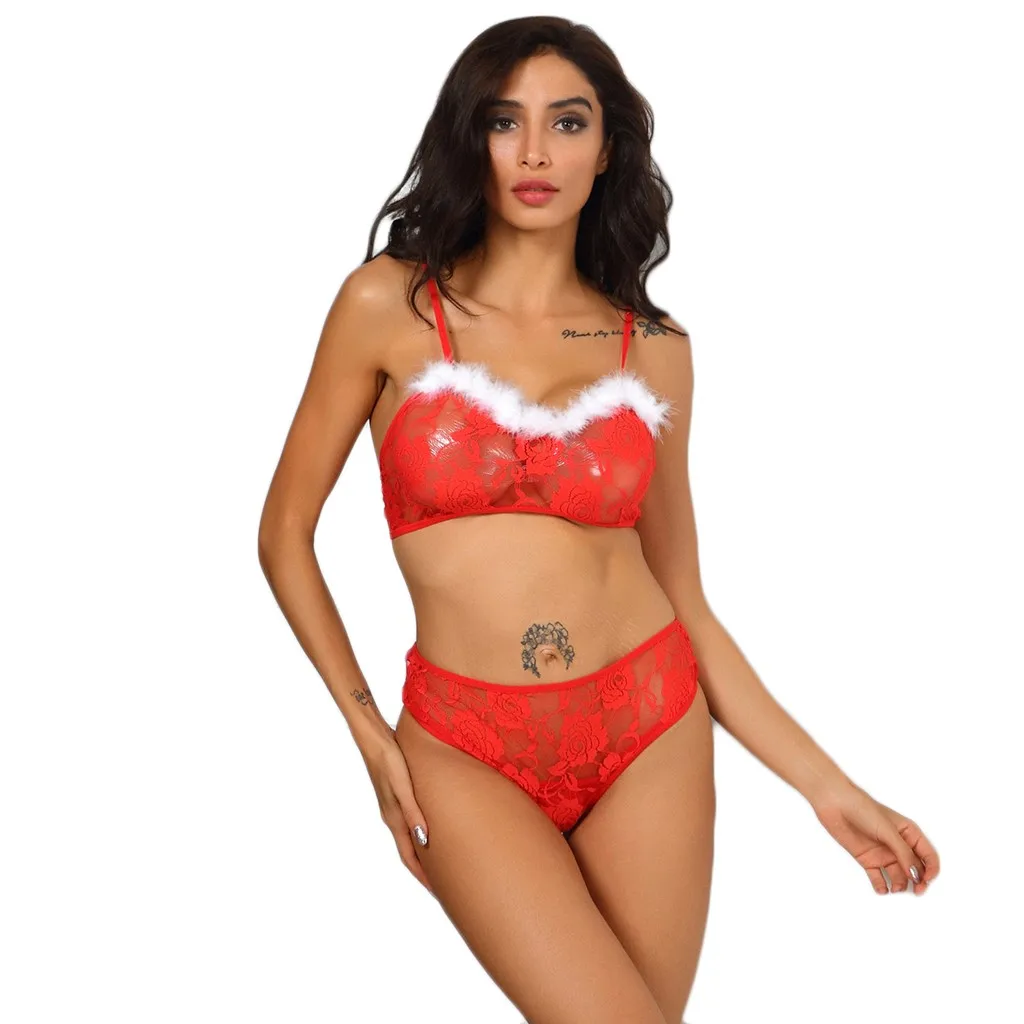 Рождественское белье сексуальное Navidad Babydoll Новое Женское рождественское кружевное белье размера плюс бюстгальтер нижнее белье трусы сексуальные трусики-Тонги