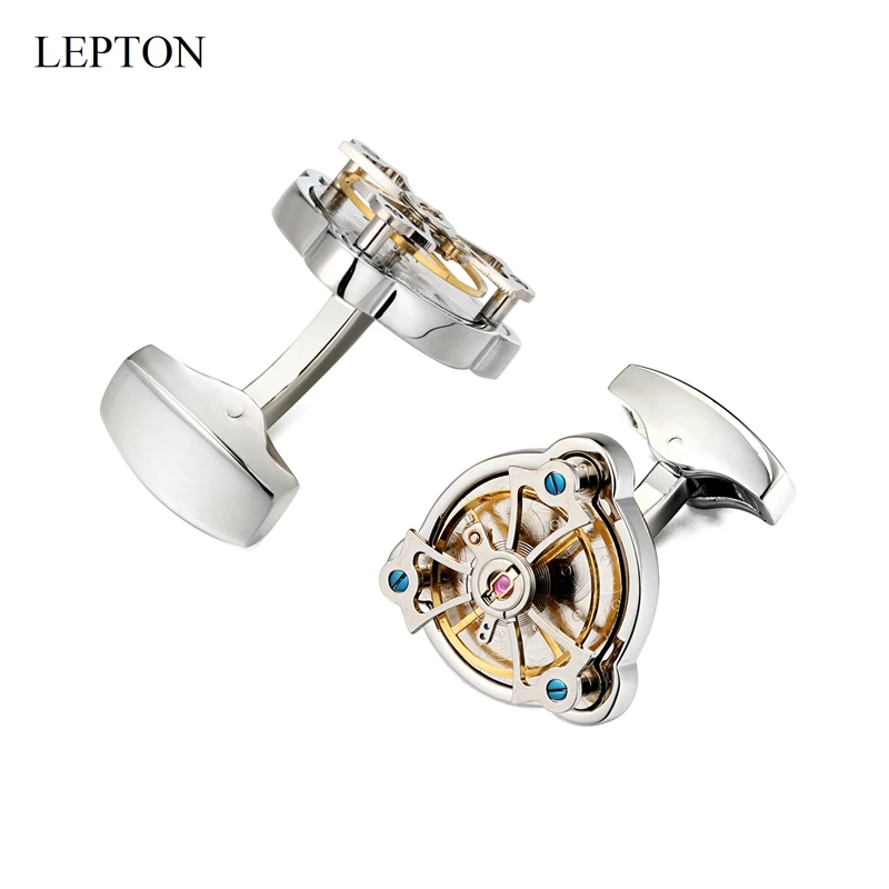 Lepton Watch Tourbillon Movement Cufflinks For Mens Wedding Groom Silver Color Triangle Business Cufflink Best Gift Drop Shiping