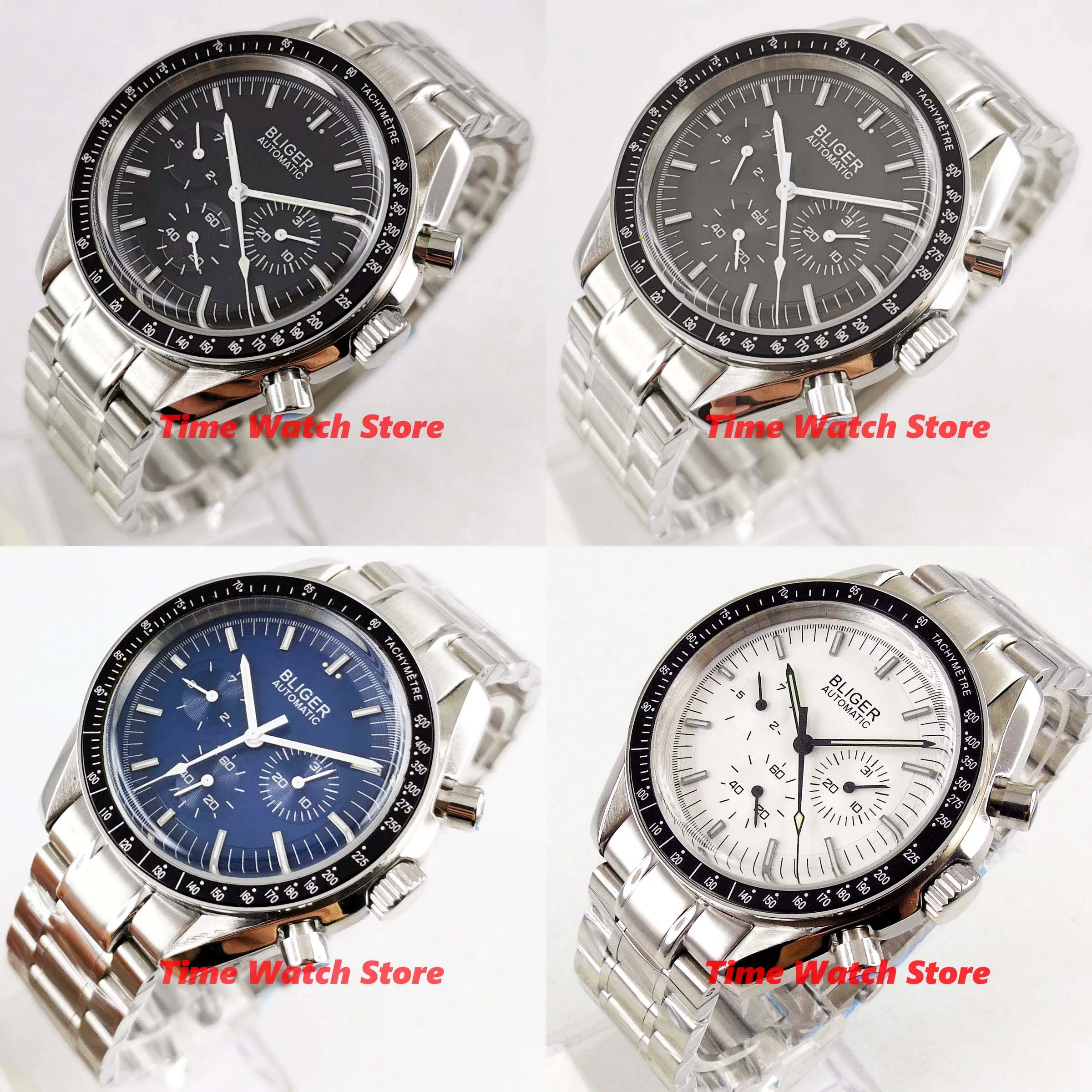 40 мм механические мужские часы Bliger, водонепроницаемые, браслет из нержавеющей стали, черный, синий, белый циферблат, многофункциональные, Авто наручные 301/306