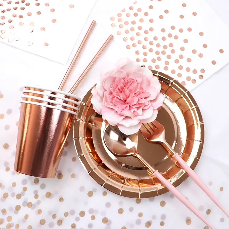 Rose Gold Party Disposable Tableware Champagne Cup Plate Straw Adult Birthday Decor balloon Kid Baby Shower Supplies | Дом и сад