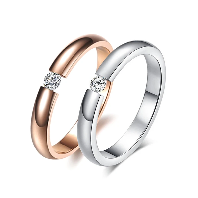 3mm Charm Simple Titanium Steel Couple Rings Womens Wedding Band With Single Rhinestone Ring Valentine