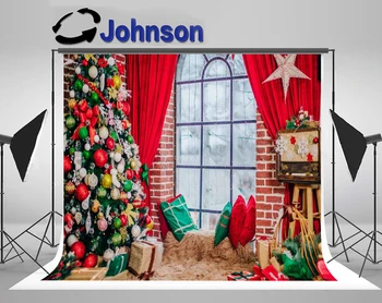 

Discount Merry Christmas Tree Ball Gift Star Pillow Window Rural House Baby Child backdrop Computer print party background