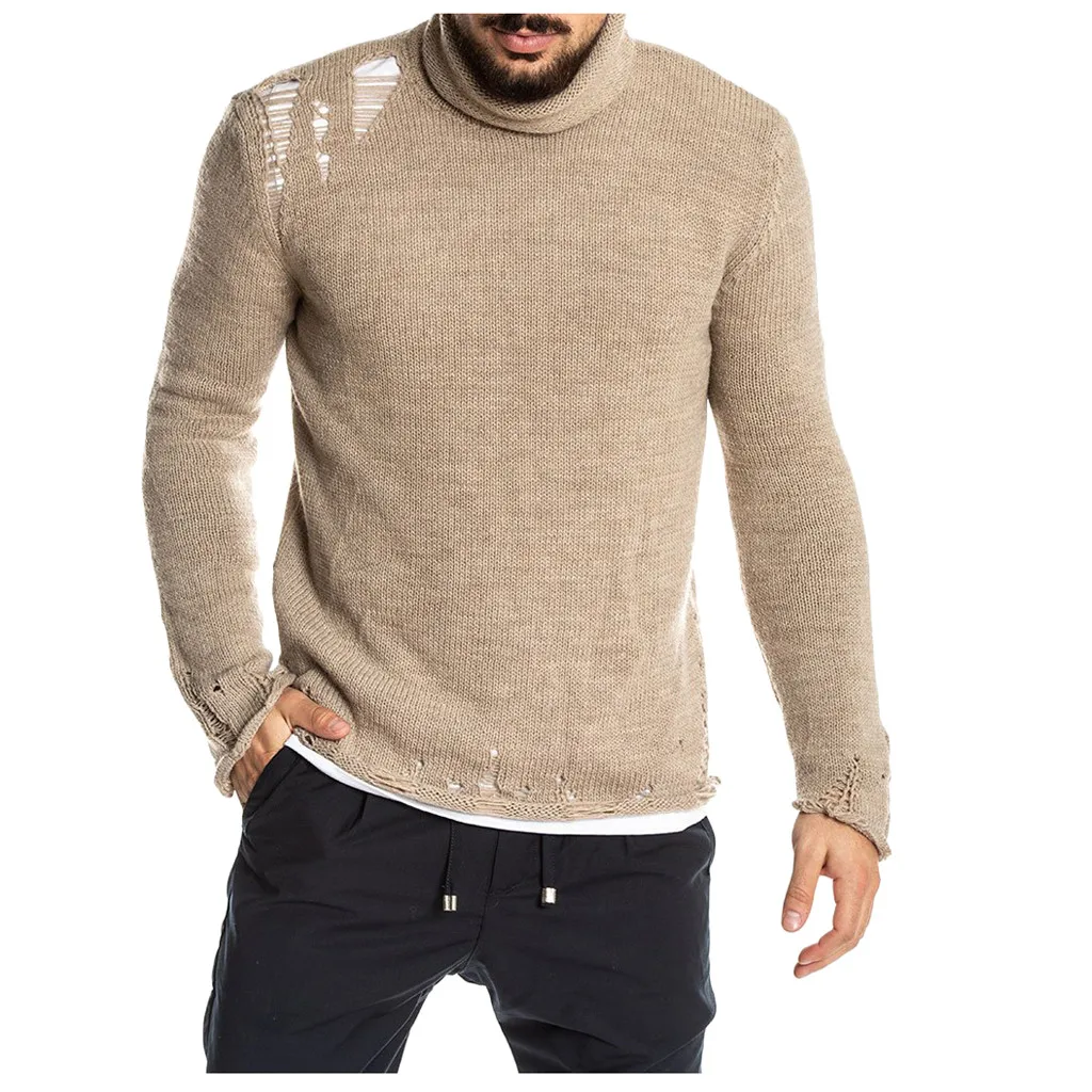 Свитер мужской осень зима водолазка пуловер вязаный реглан чокер сломанное отверстие свитер блузка Топ Z4