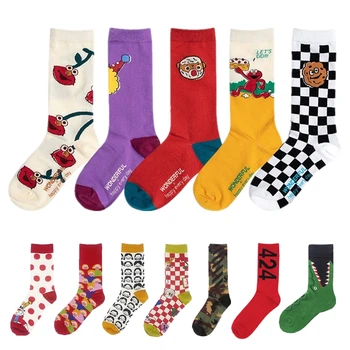 

Sesame Road Series Cotton Socks Japanese Cartoon Cute Girl Crew Socks Harajuku Style Personality Black and White Plaid Socks