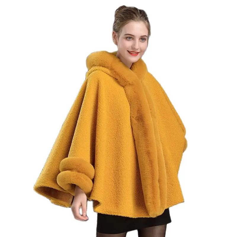 

2306 # European and American Autumn and Winter Clothing New-style Cape Imitation Rabbit Fur Collar Hooded Cape