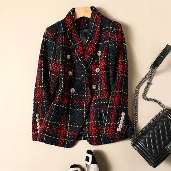 

Thickening Red Plaid Wool Coat Women 2020 Autumn Winter Ladies Lion Buttons Medium Long Woollen Women's Jackets Plus Size XXL