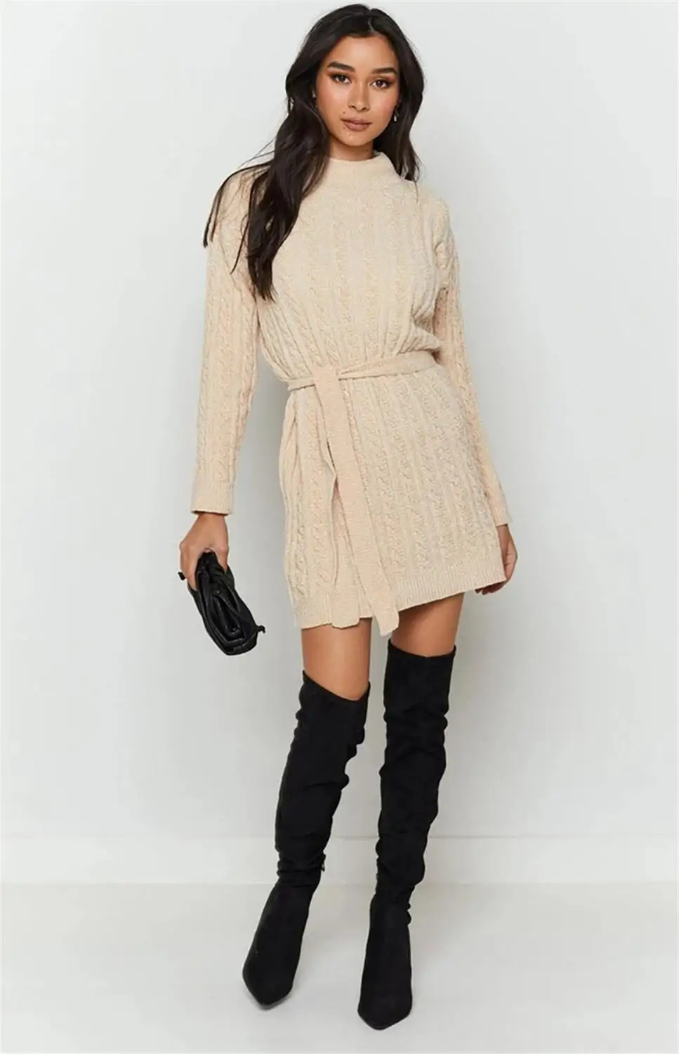 Women Sweater Dress With Belt Round 